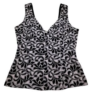 Olive Tree Womens Medium Black White Damask Peplum Tank Top V-Neck Resortwear